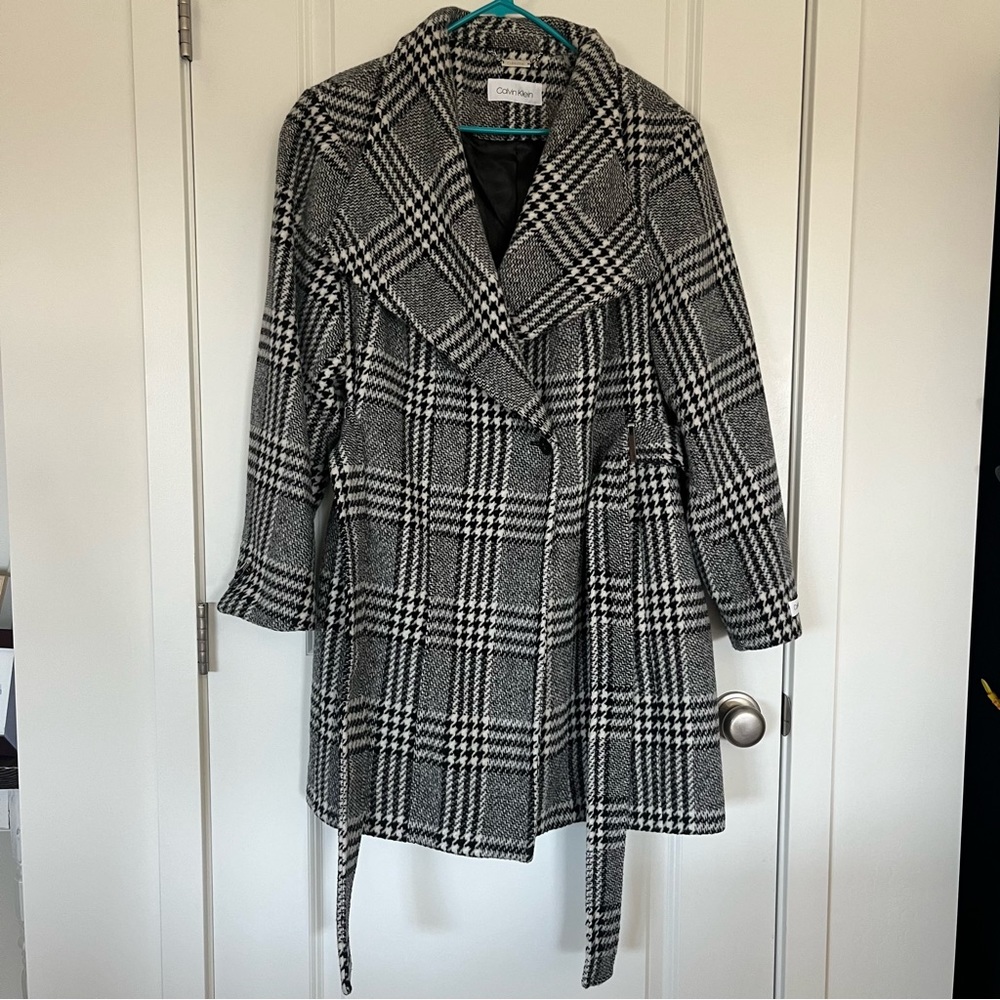 Calvin Klein White and Black Houndstooth Wool Blend Pea Coat Size 2X